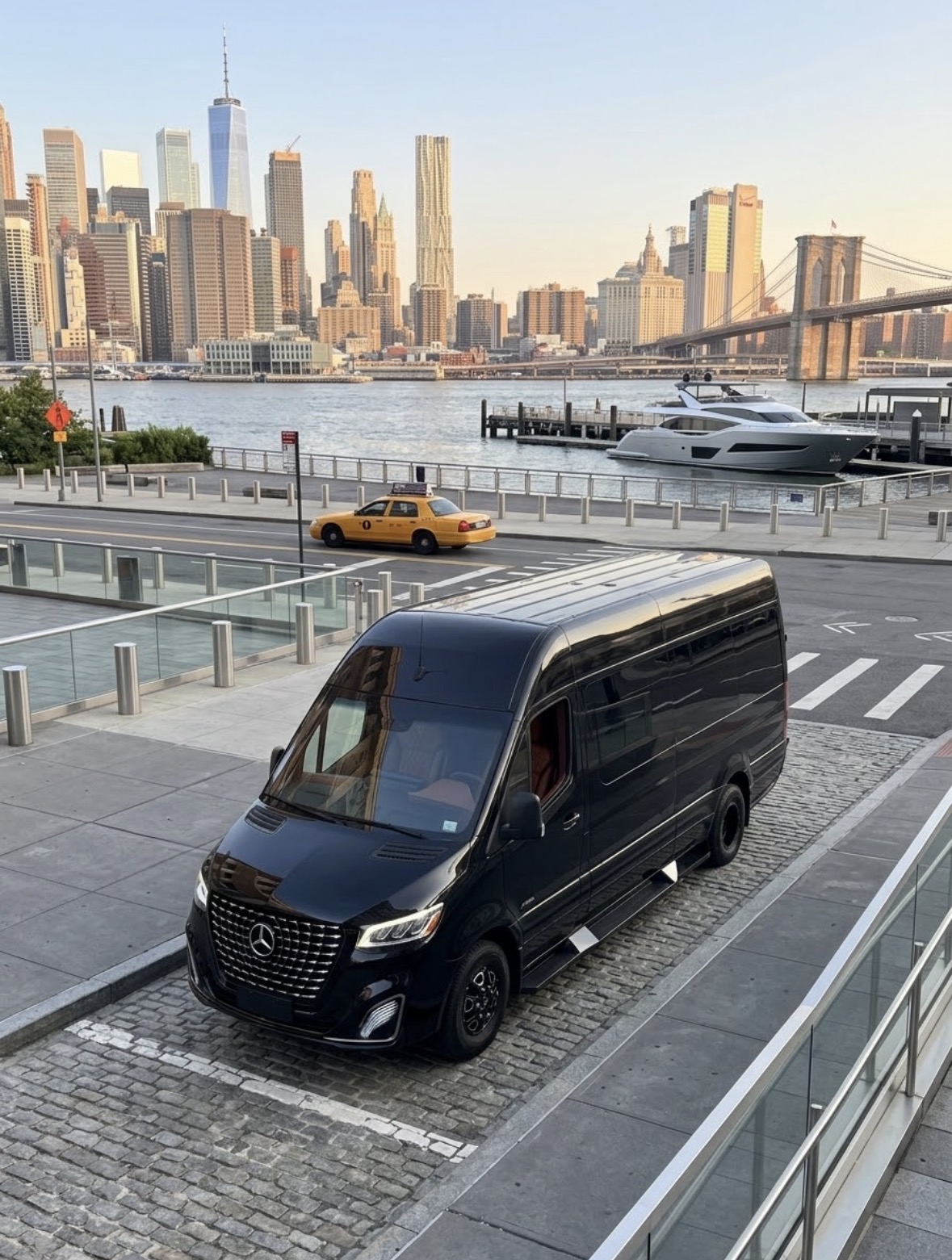 The Sprinter at the Brooklyn waterfront with the Manhattan skyline behind it