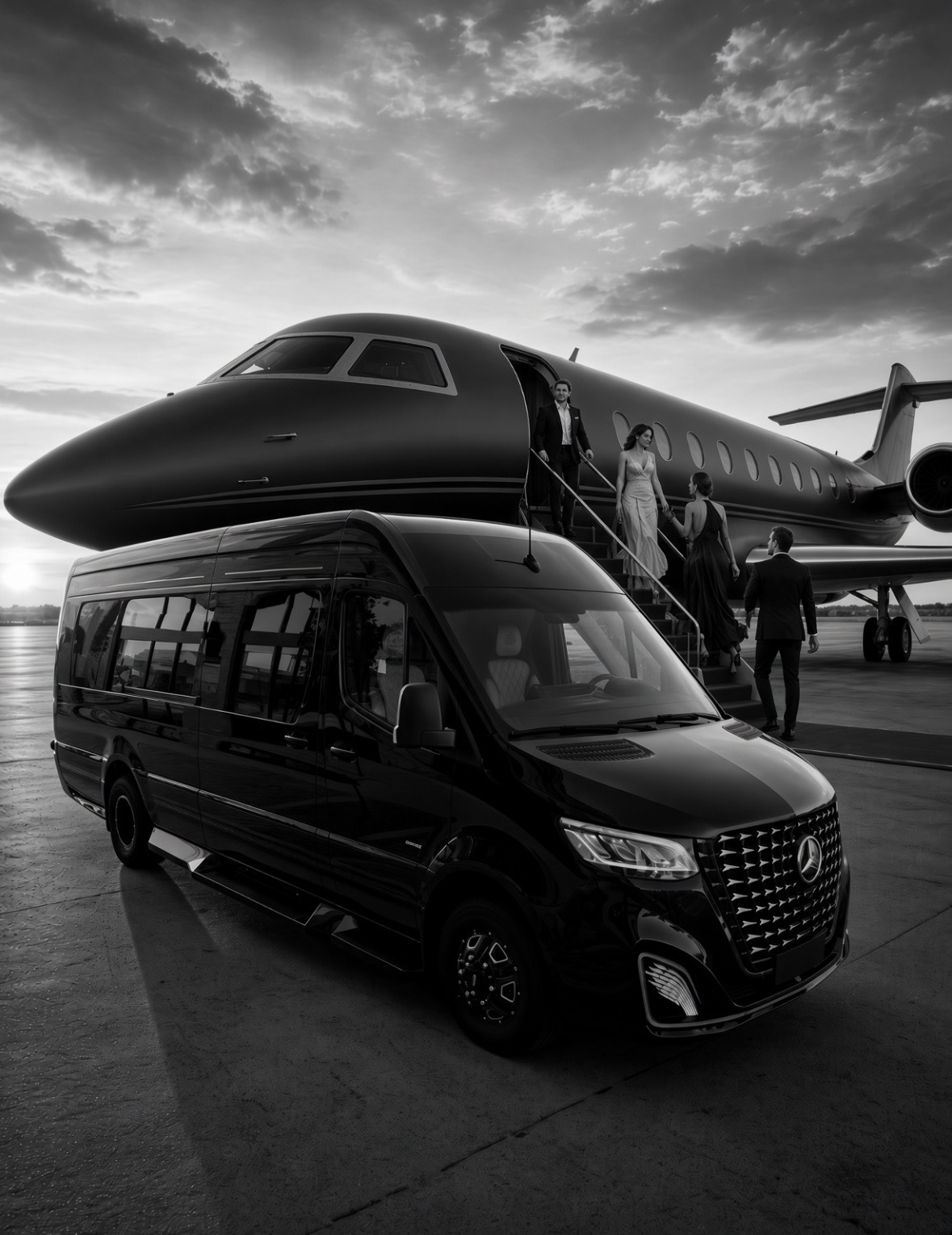 The Executive Experience Sprinter on the tarmac beside a private jet