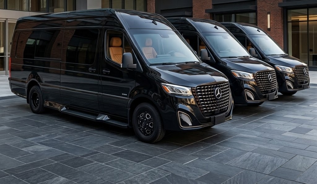 The fleet of black luxury Sprinters