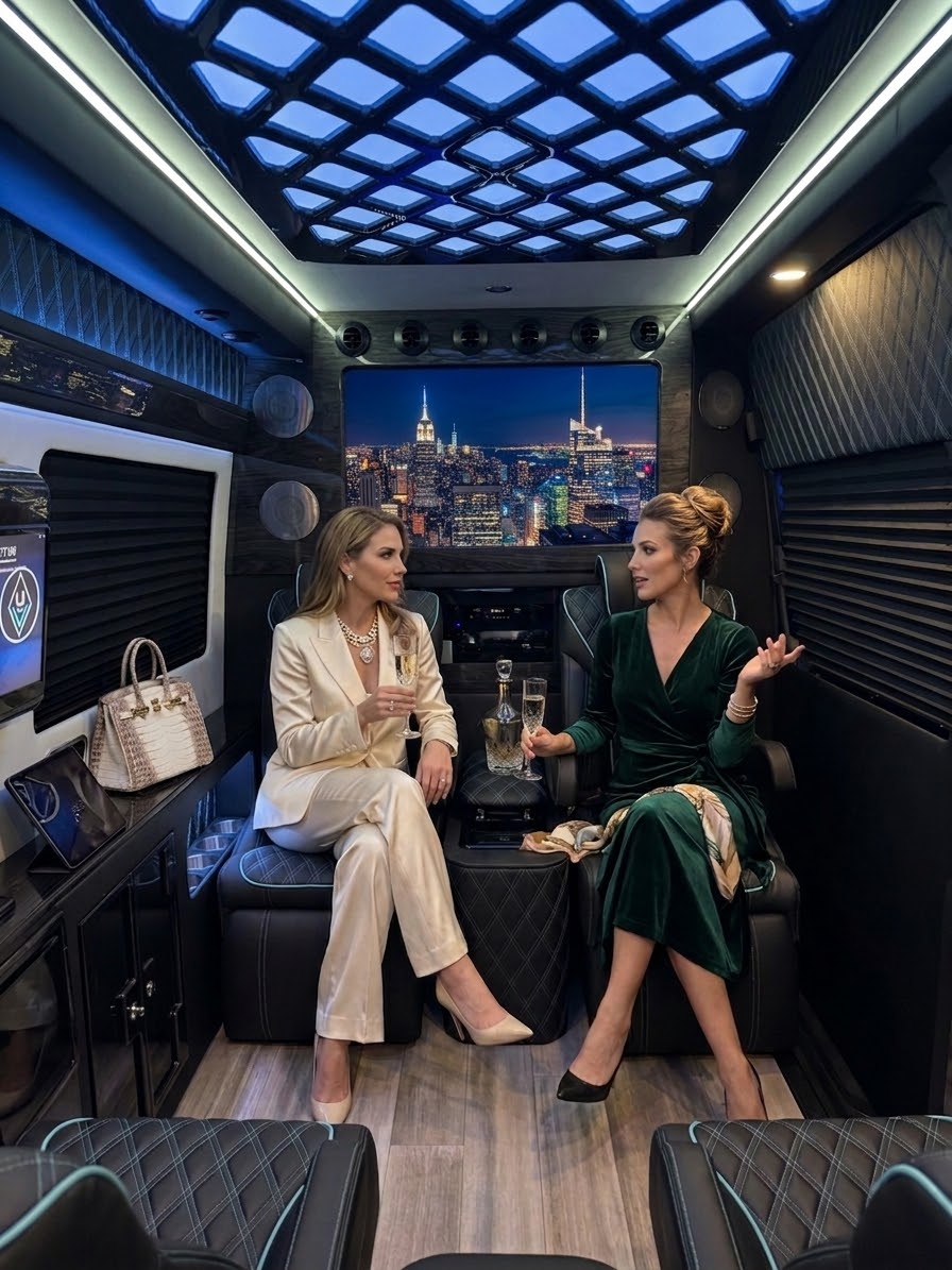 Two guests in evening wear with champagne inside the private cabin