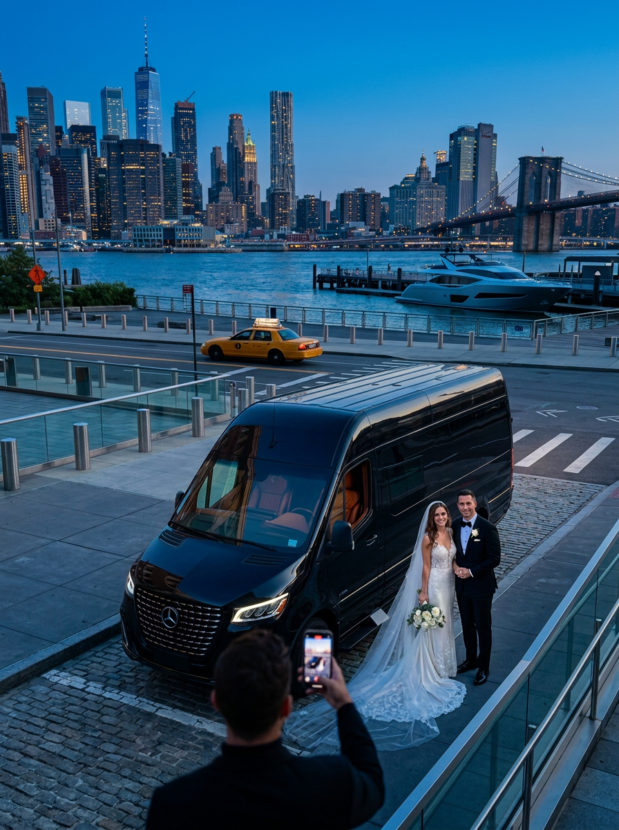 A bride and groom photographed beside our Sprinter at the waterfront at dusk