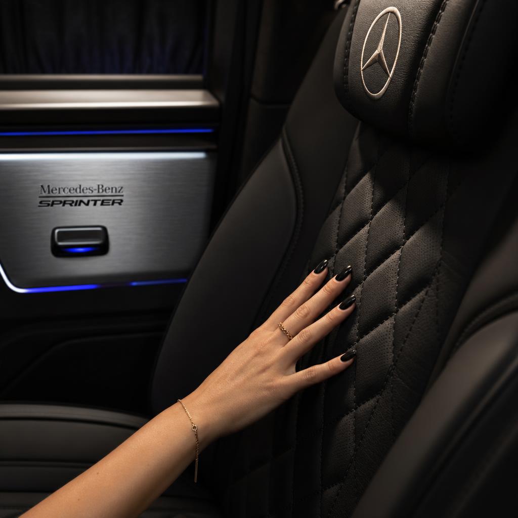 Detail of quilted leather and brushed metal inside the cabin
